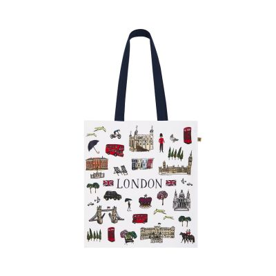 White book bag featuring illustrations of London's landmarks