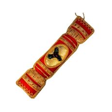Christmas Cracker Hanging Decoration - A red cracker trimmed with gold thread and a holly in the centre.
