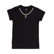 Black Shirt with pearl and gold necklace